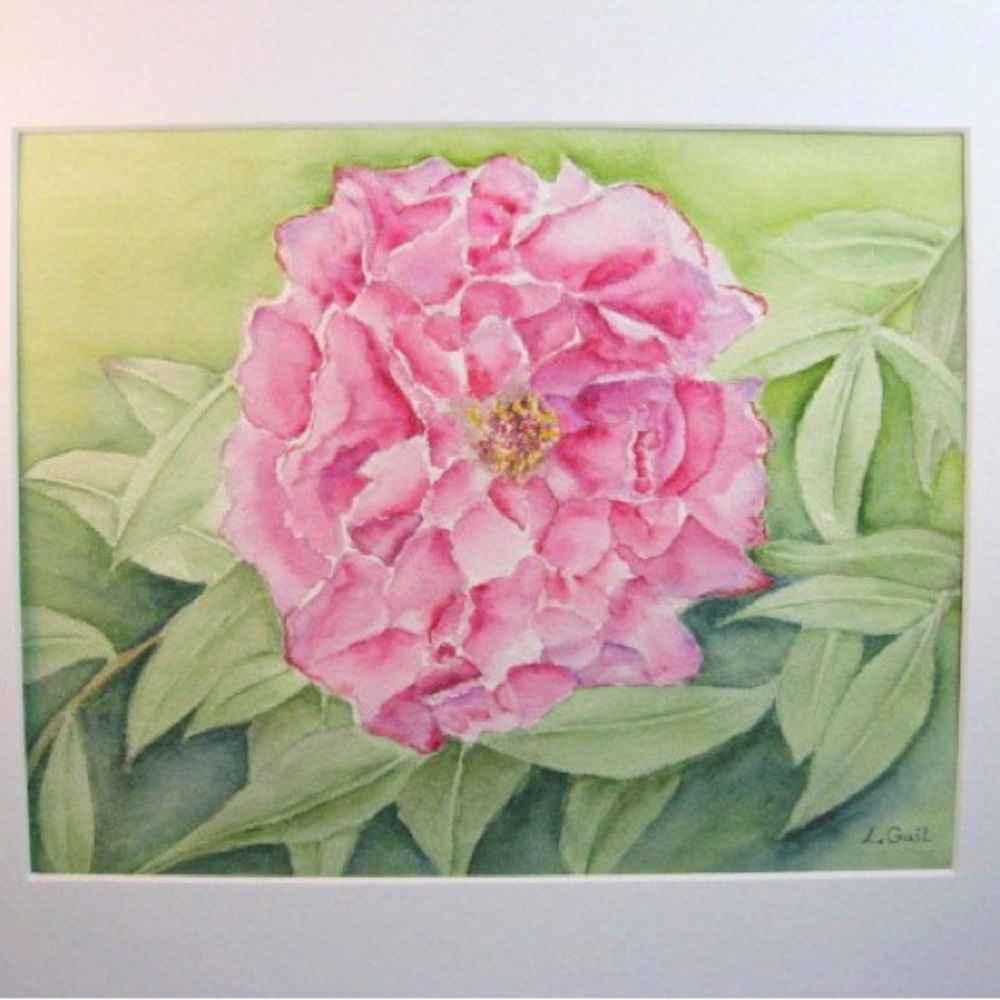 Original watercolor pink flower painting matted and signed